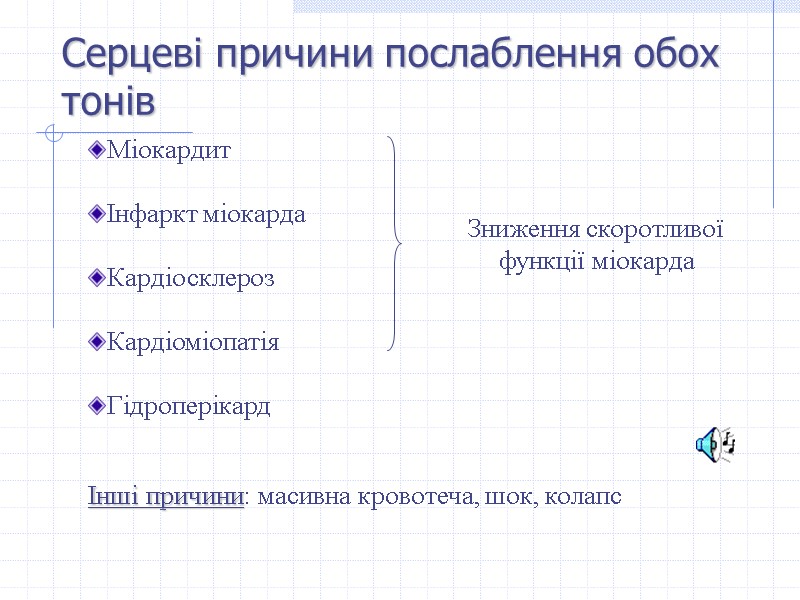 Міокардит  Інфаркт міокарда  Кардіосклероз  Кардіоміопатія  Гідроперікард   Інші причини: